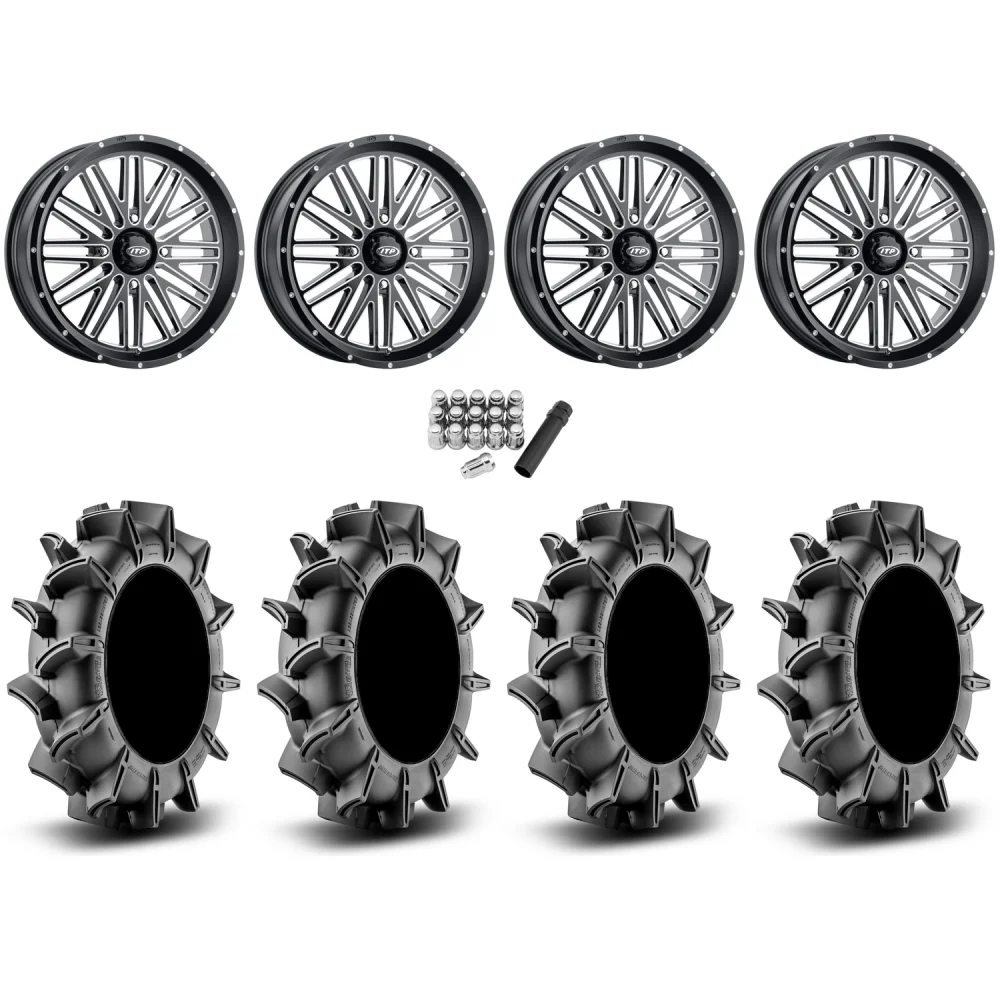 Assassinator Mud Tires 36x8-20 on ITP Momentum Gloss Black Milled Wheels, complete kit