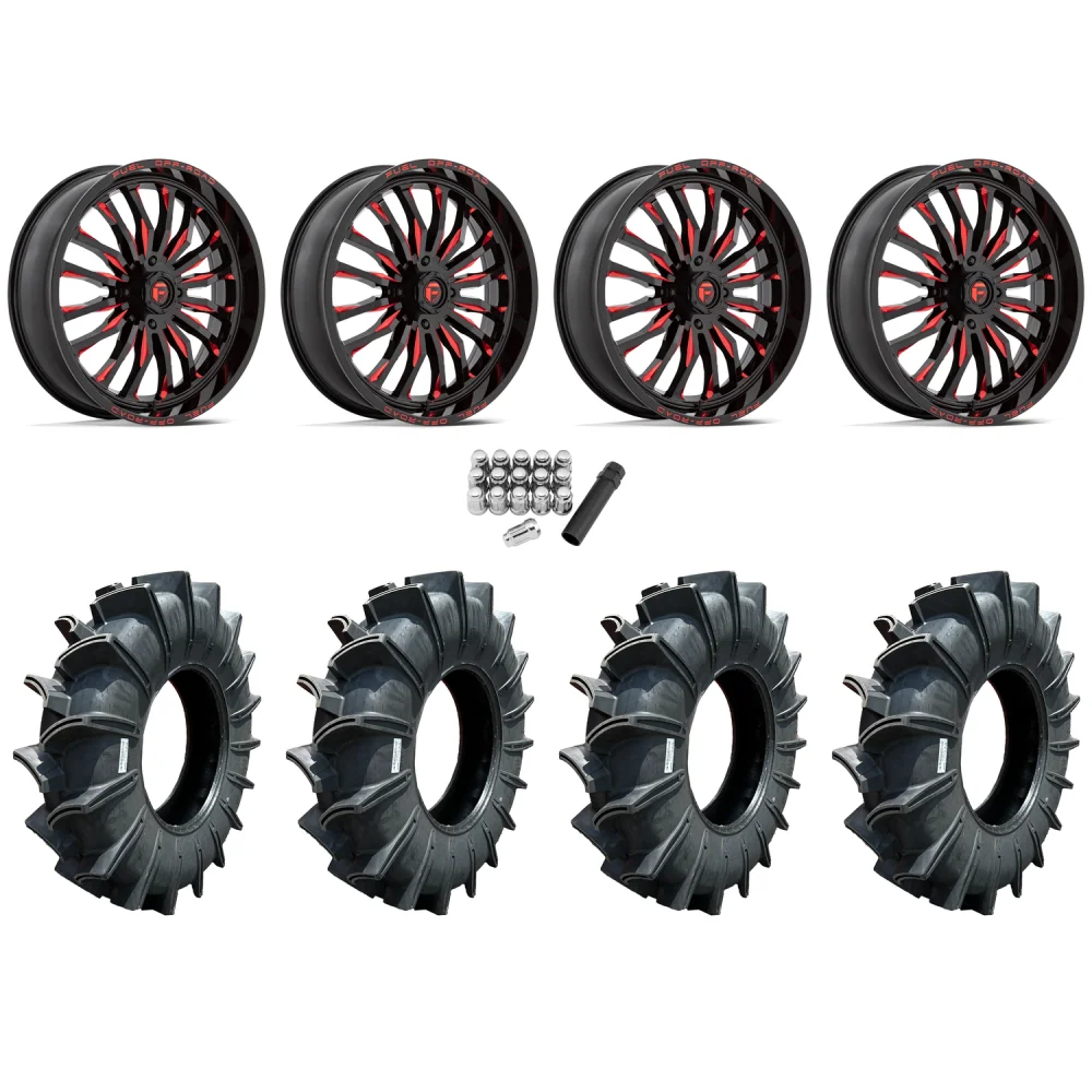 Assassinator Mud Tires 44x12-24 on Fuel Arc Gloss Black Milled Red Wheels, complete kit