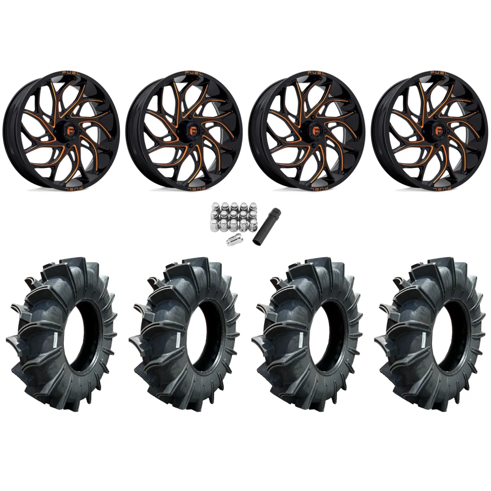 Assassinator Mud Tires 50x12-24 on Fuel Runner Candy Orange Wheels, complete kit