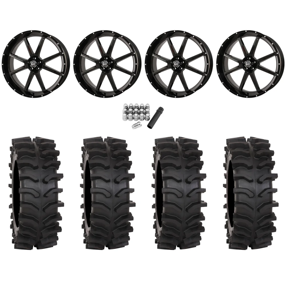 System 3 XT400W 44x12-24 Tires on Frontline 556 Gloss Black (24x9) Wheels, complete kit