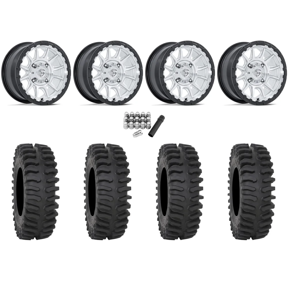 System 3 XT400 32x10-15 Tires on Fuel Piston Hyper Silver Machined Wheels, complete kit