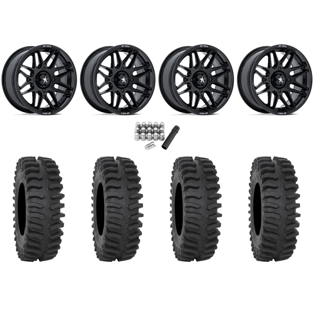 System 3 XT400 32x10-15 Tires on MSA M52 Radar Gloss Black Wheels, complete kit