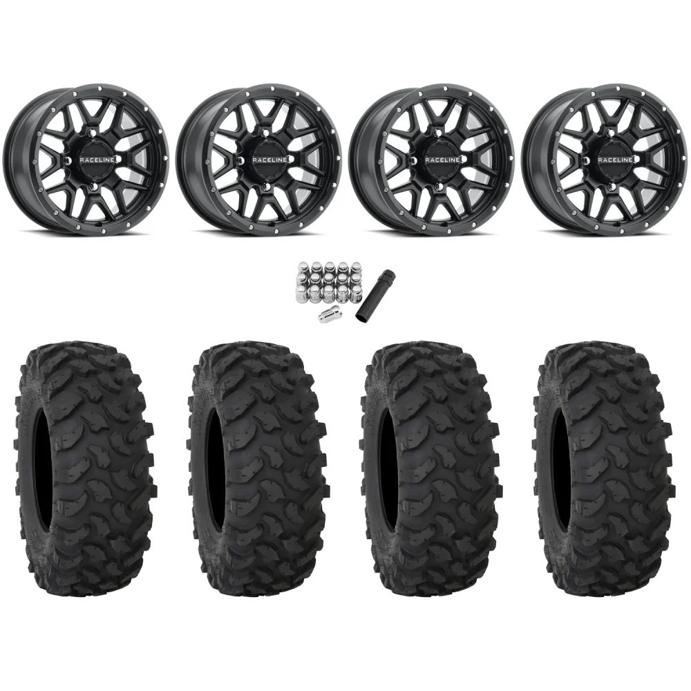 System 3 XTR370 28x10-14 Tires on Raceline A94 Krank Satin Black Wheels, complete kit