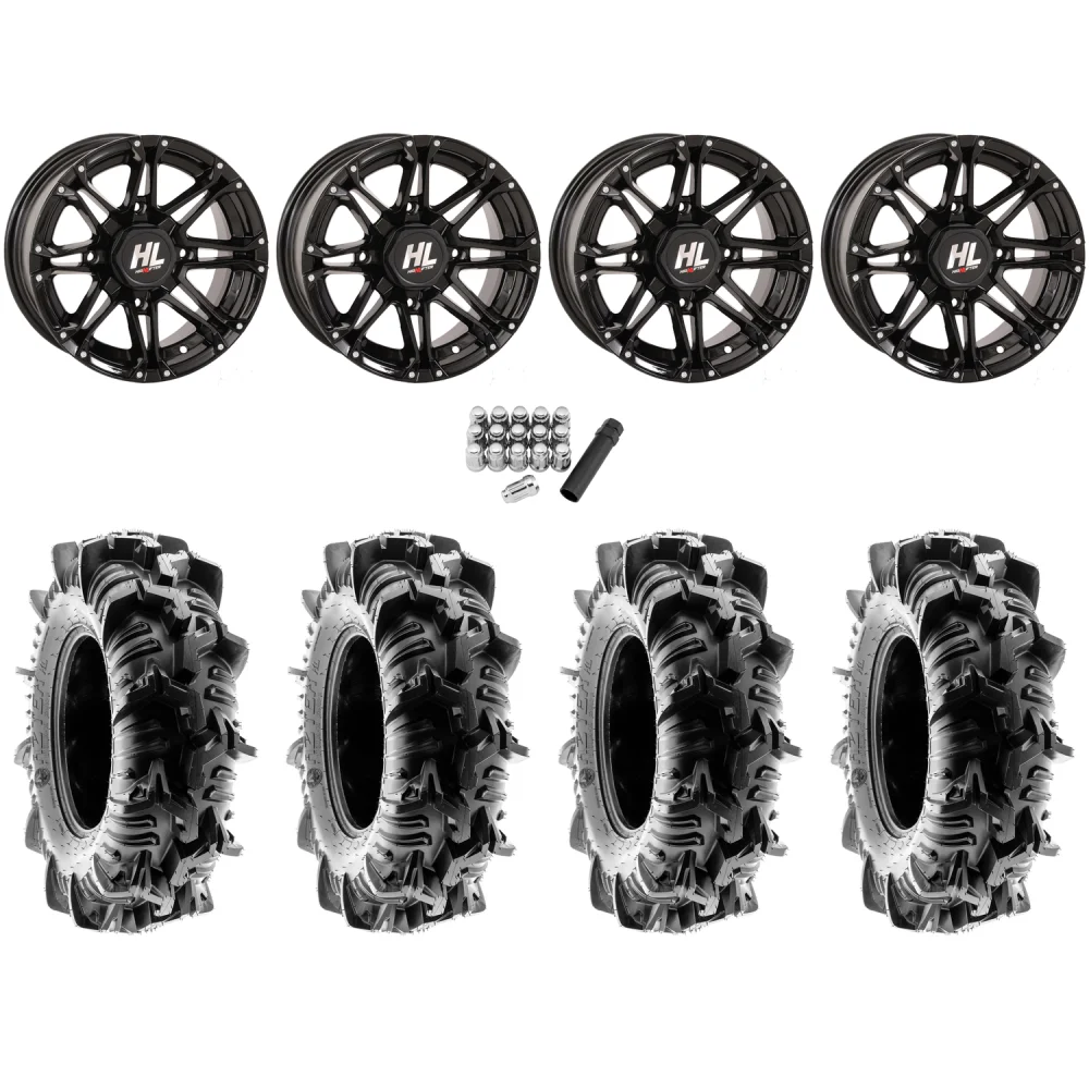 Terache Aztex XL 32x9-14 (8ply) Tires on High Lifter HL3 Gloss Black Wheels, complete kit