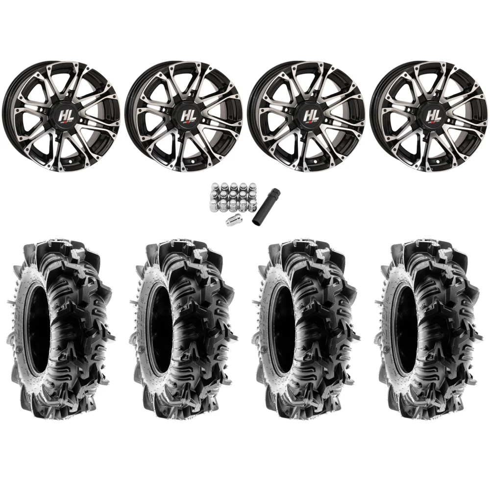 Terache Aztex XL 28x9-14 (8ply) Tires on High Lifter HL3 Machined Wheels, complete kit