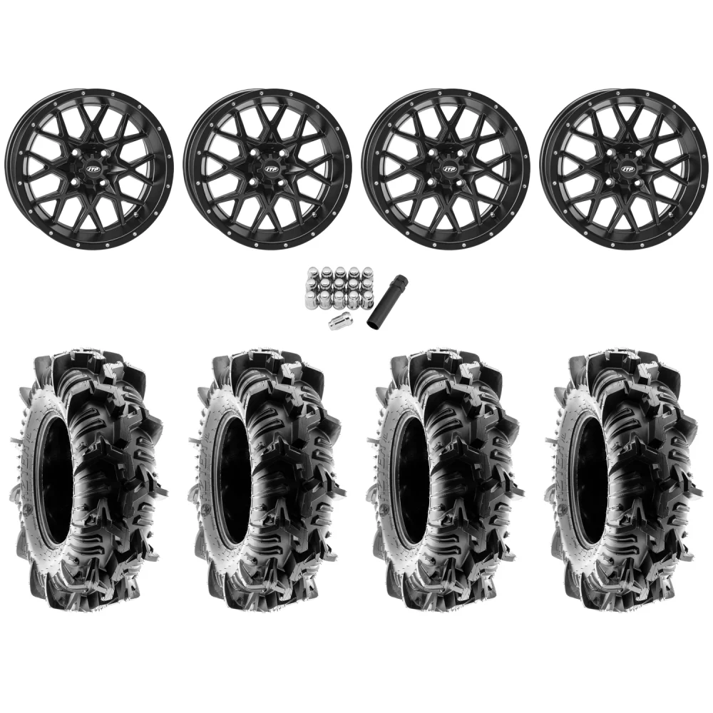 Terache Aztex XL 28x9-14 (8ply) Tires on ITP Hurricane Satin Black Wheels, complete kit