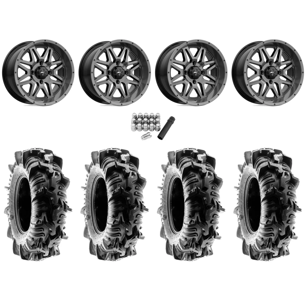 Terache Aztex XL 28x9-14 (8ply) Tires on MSA M26 Vibe Dark Tint Wheels, complete kit