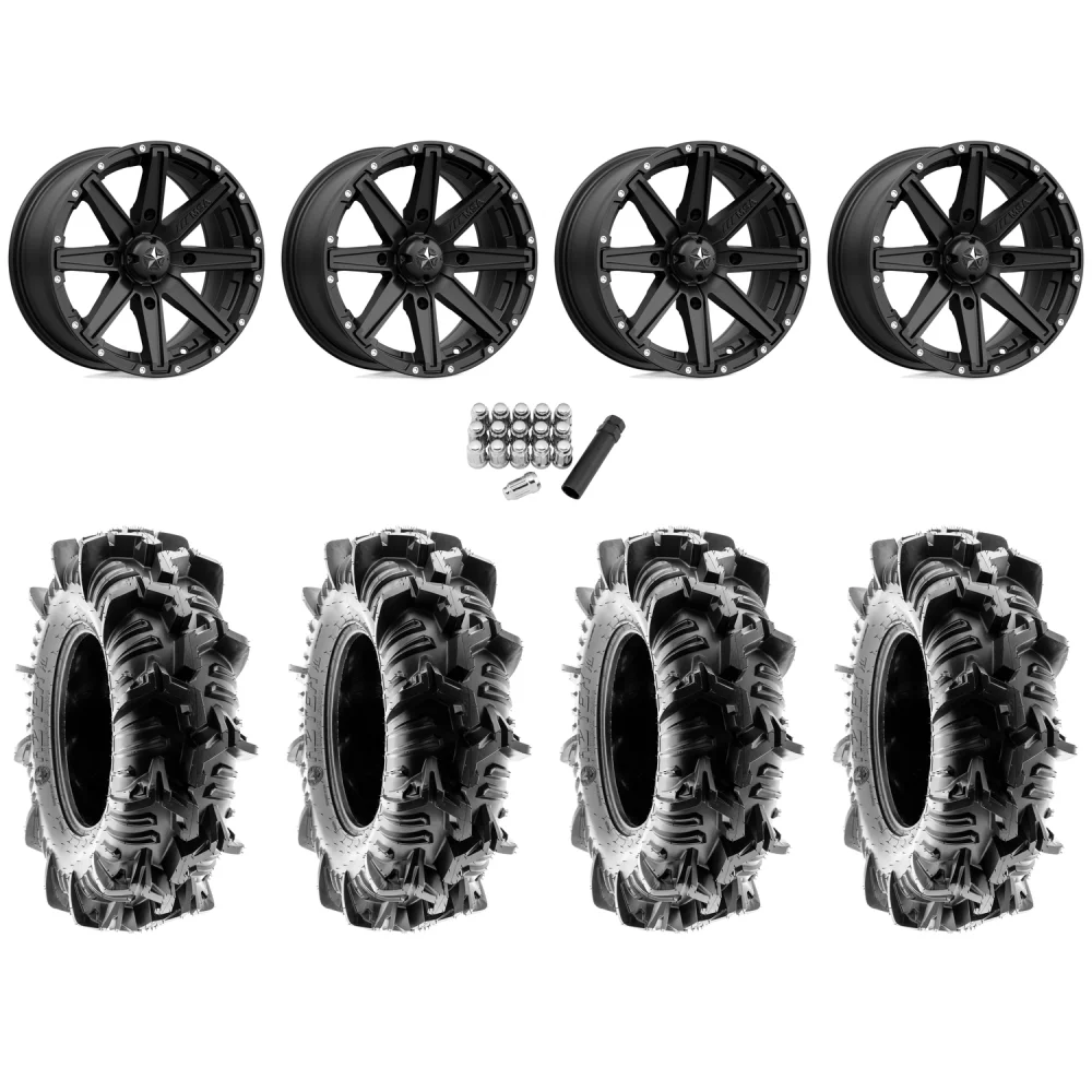 Terache Aztex XL 32x9-14 (8ply) Tires on MSA M33 Clutch Satin Black Wheels, complete kit