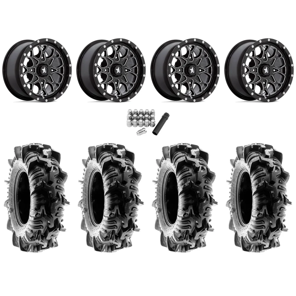 Terache Aztex XL 32x9-14 (8ply) Tires on MSA M45 Portal Gloss Black Milled Wheels, complete kit