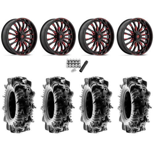 Terache Aztex XL 33x9-18 (8ply) Tires on Fuel Arc Gloss Black Milled Red Wheels