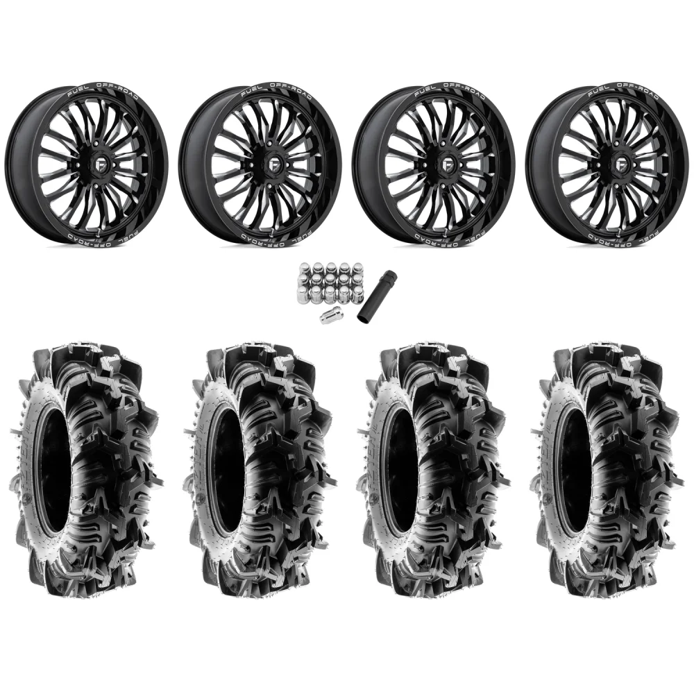 Terache Aztex XL 33x9-18 (8ply) Tires on Fuel Arc Gloss Black Milled Wheels, complete kit