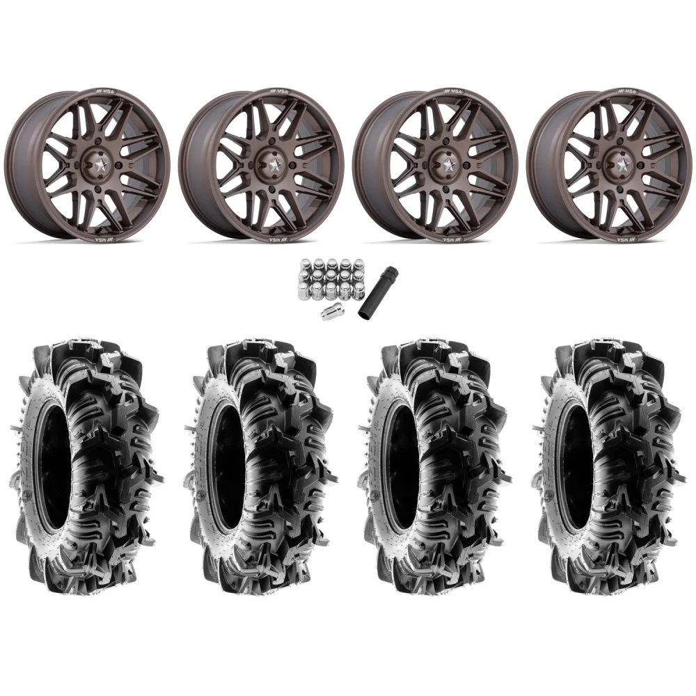 Terache Aztex XL 34.5x9-16 (8ply) Tires on MSA M52 Radar Matte Bronze Wheels, complete kit