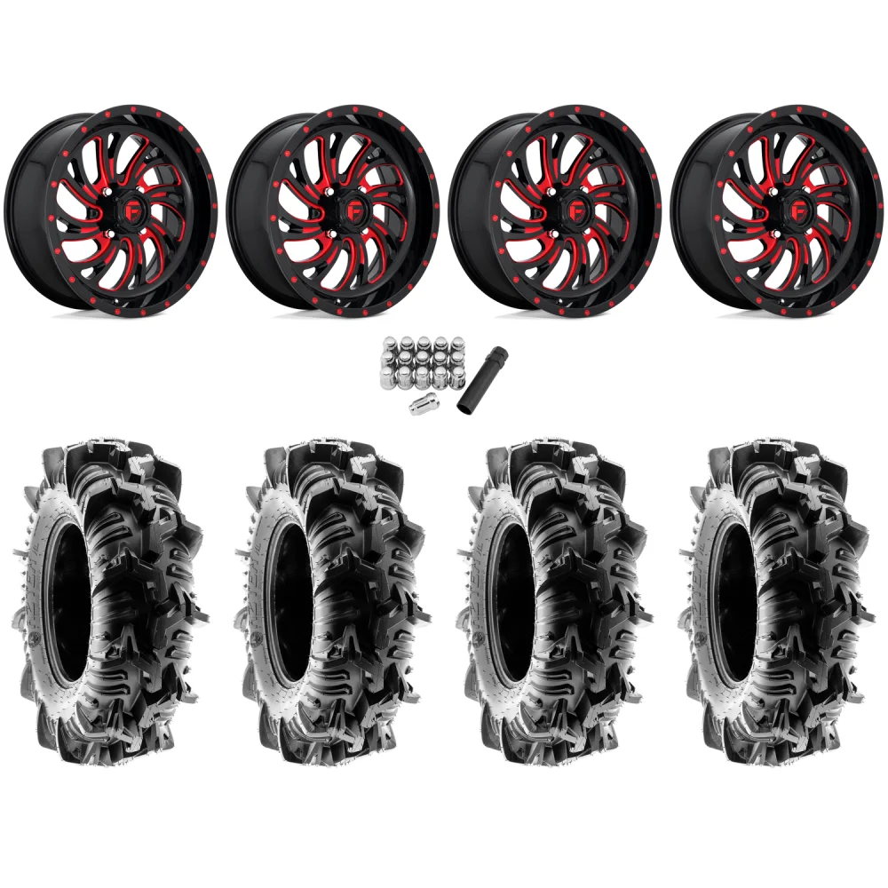 Terache Aztex XL 35x9-20 (8ply) Tires on Fuel Kompressor Gloss Black Milled Red Wheels, complete kit