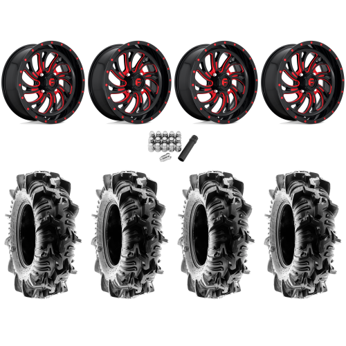 Terache Aztex XL 35x9-20 (8ply) Tires on Fuel Kompressor Gloss Black Milled Red Wheels