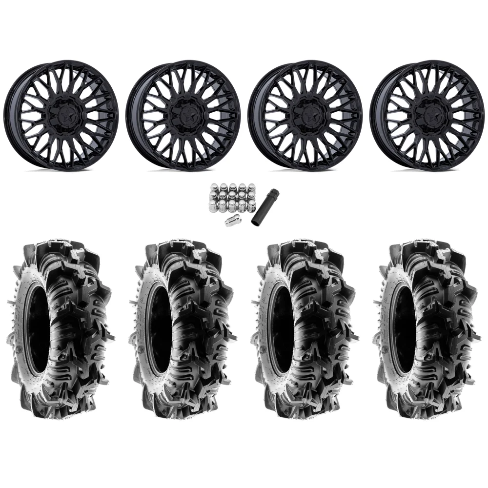 Terache Aztex XL 38x9-22 (8ply) Tires on MSA M50 Clubber Gloss Black Wheels, complete kit