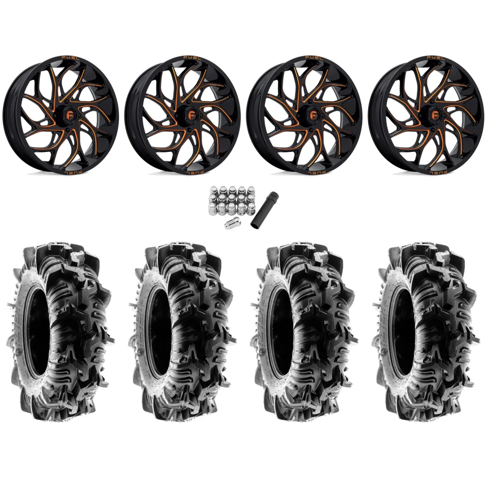 Terache Aztex XL 44x9.5-24 (8ply) Tires on Fuel Runner Candy Orange Wheels, complete kit