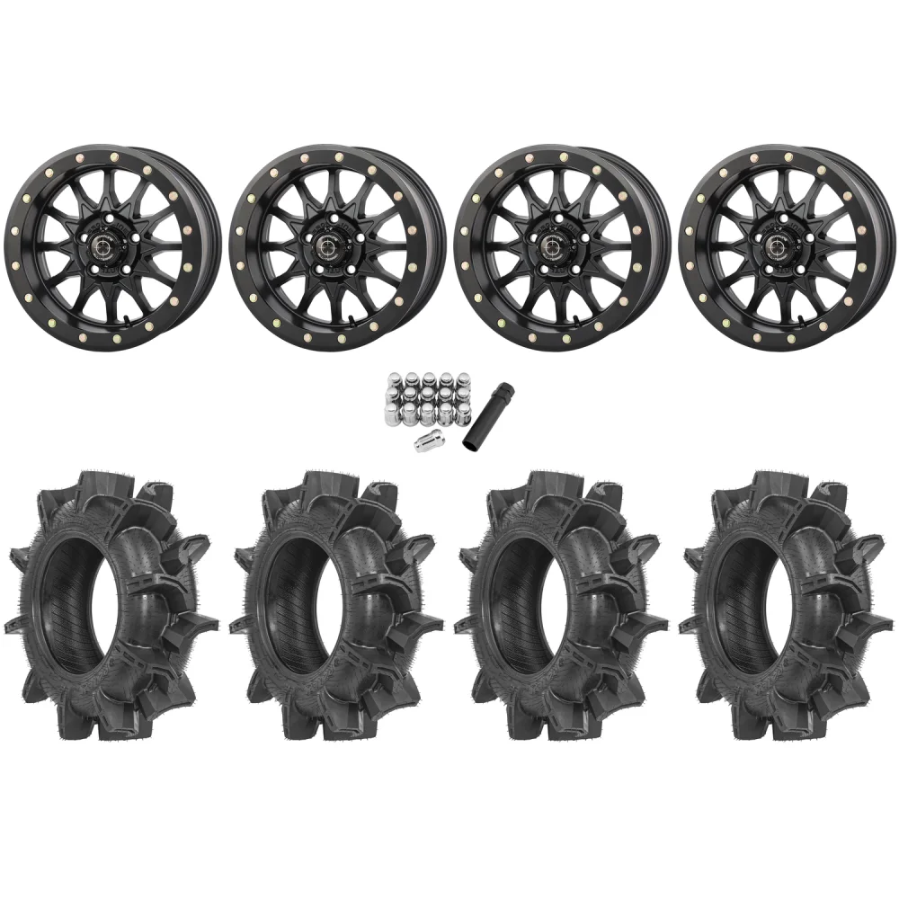 Terache Aztex XX 30x8.5-14 Tires on Frontline 223 Matte Black Beadlock Wheels, complete kit