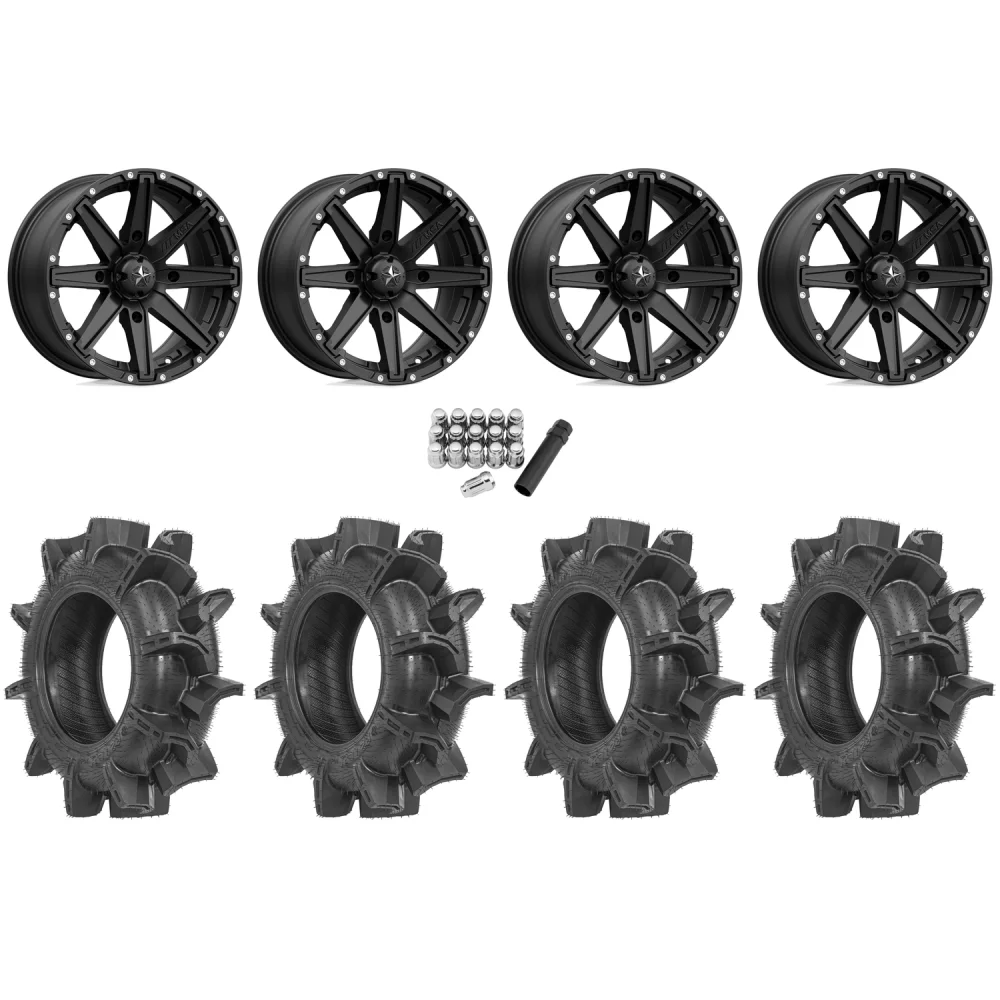 Terache Aztex XX 32x8.5-14 Tires on MSA M33 Clutch Satin Black Wheels, complete kit