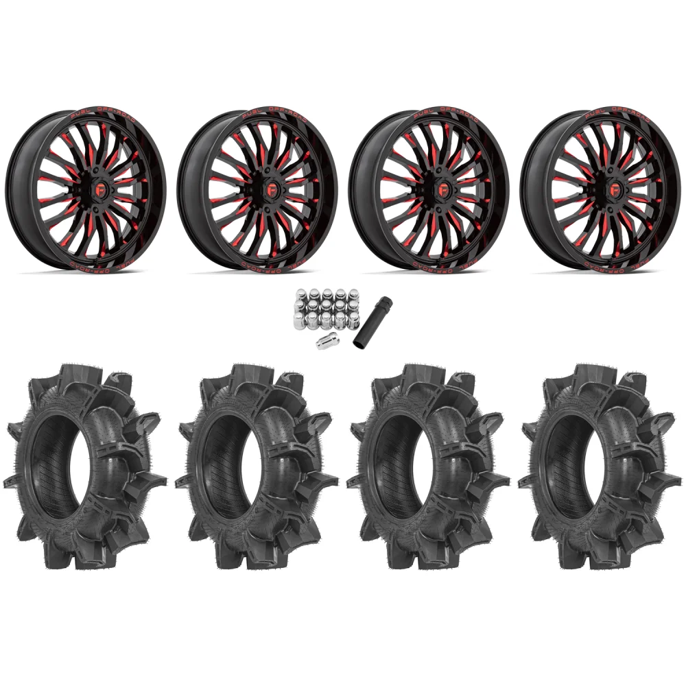 Terache Aztex XX 34x8.5-18 Tires on Fuel Arc Gloss Black Milled Red Wheels, complete kit