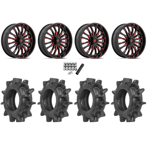 Terache Aztex XX 34x8.5-18 Tires on Fuel Arc Gloss Black Milled Red Wheels