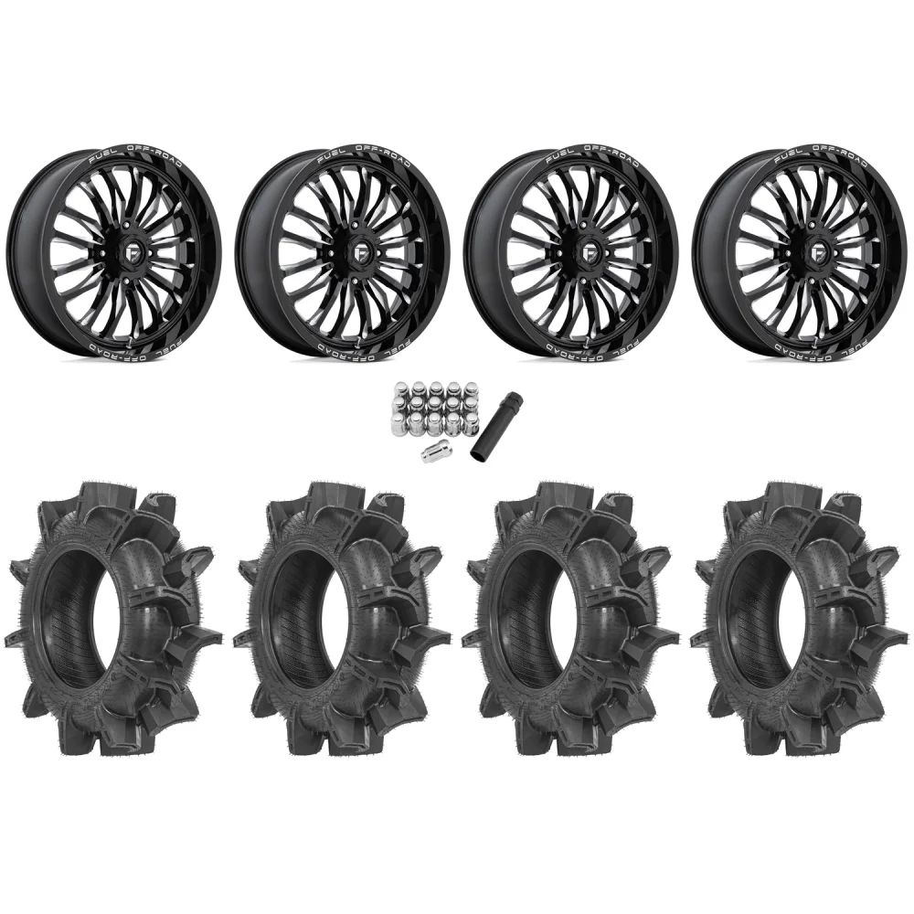Terache Aztex XX 34x8.5-18 Tires on Fuel Arc Gloss Black Milled Wheels, complete kit