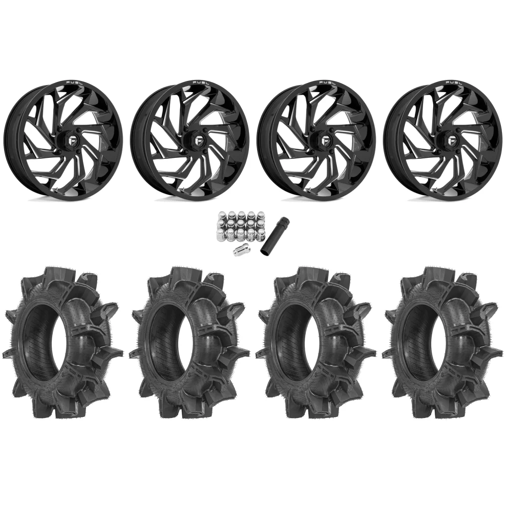 Terache Aztex XX 34x8.5-18 Tires on Fuel Reaction Gloss Black Milled Wheels, complete kit