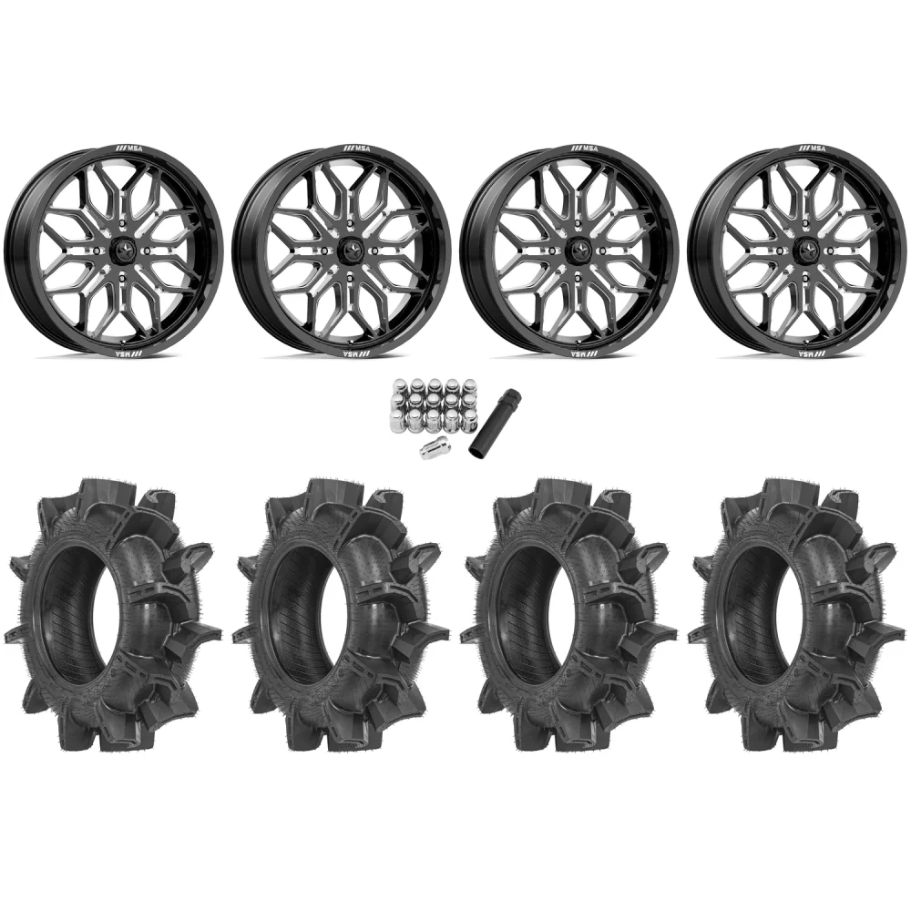 Terache Aztex XX 34x8.5-18 Tires on MSA M47 Sniper Gloss Black Milled Wheels, complete kit