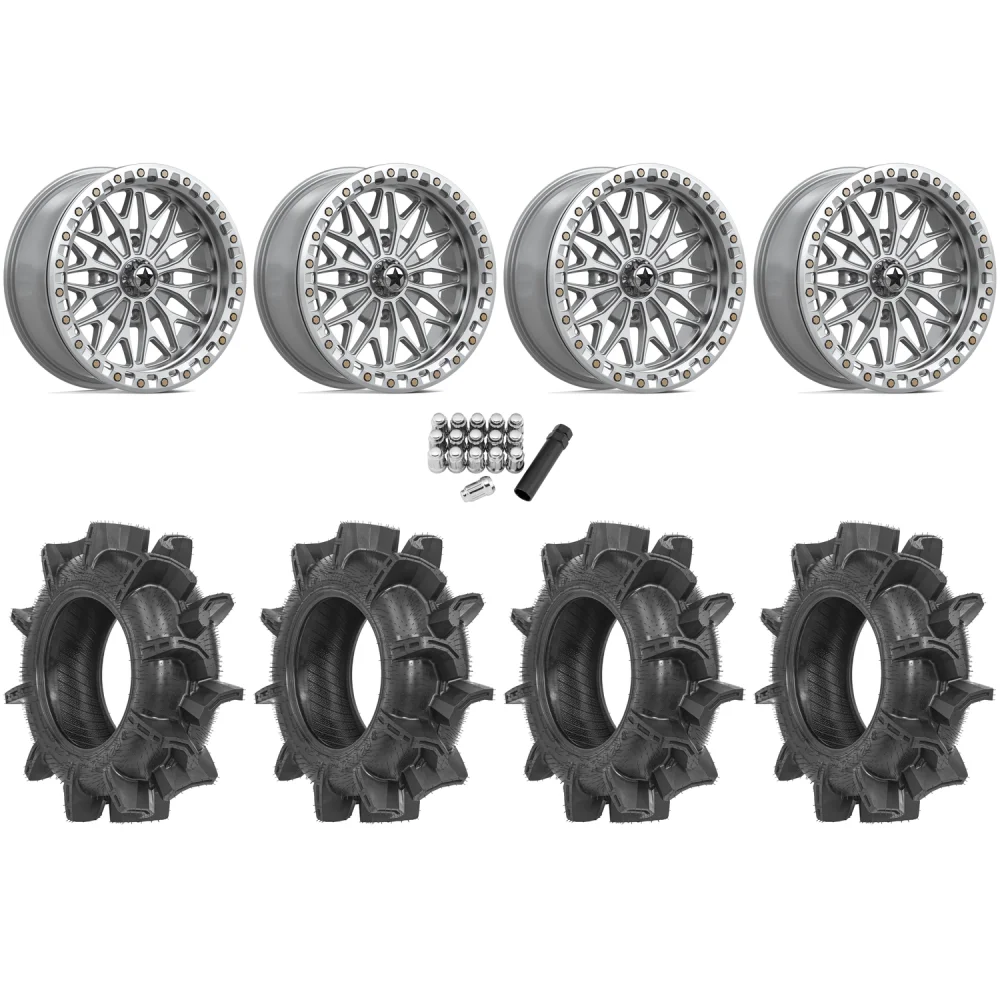 Terache Aztex XX 34x8.5-18 Tires on MSA M53 Bolo Gloss Silver Beadlock Wheels, complete kit