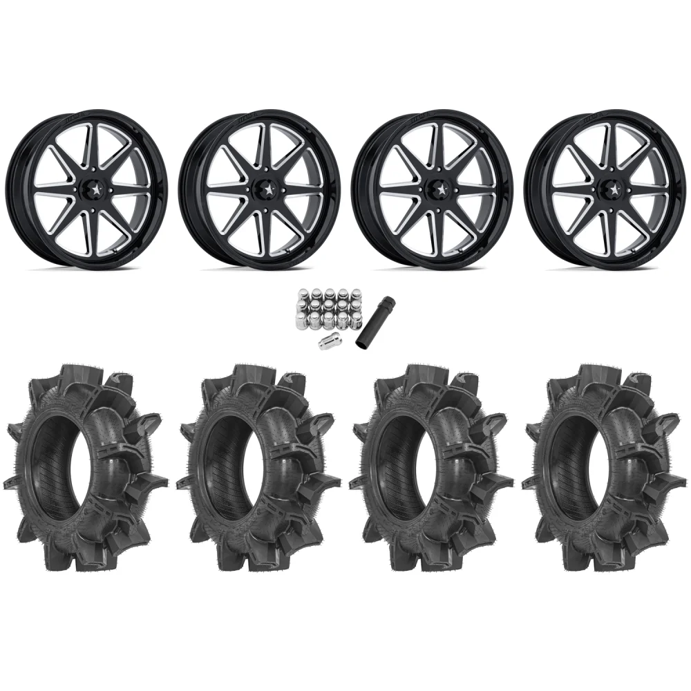Terache Aztex XX 34x8.5-18 Tires on MSA M54 Spark Gloss Black Milled Wheels, complete kit