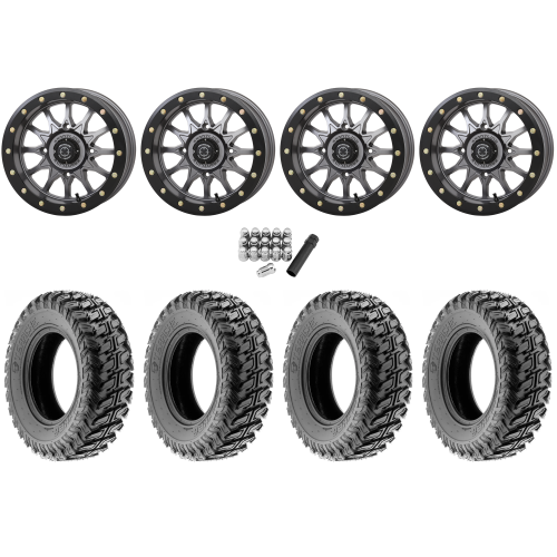 Terache Stryker 28x9-14 (8ply) Tires on Frontline 223 Gunmetal Grey Beadlock Wheels
