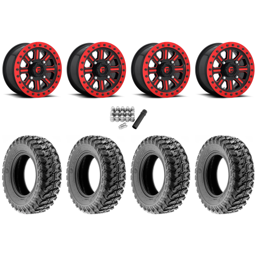 Terache Stryker 32x10-15 (8ply) Tires on Fuel Hardline Gloss Black with Candy Red Beadlock Wheels