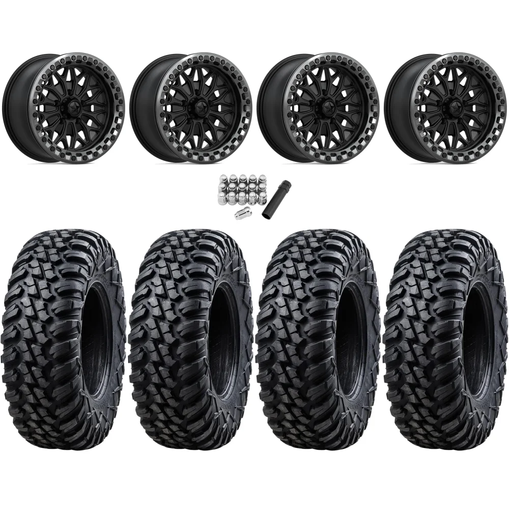 Tusk Aramid Terrabite 30x10-15 (10Ply) Radial Tires on MSA M53 Bolo Matte Black Beadlock Wheels, complete kit
