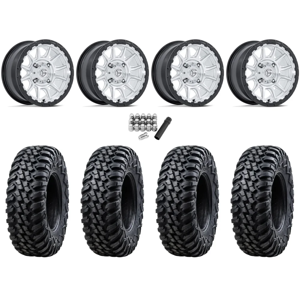 Tusk Terrabite 33x10-15 Radial Tires on Fuel Piston Hyper Silver Machined Wheels, complete kit