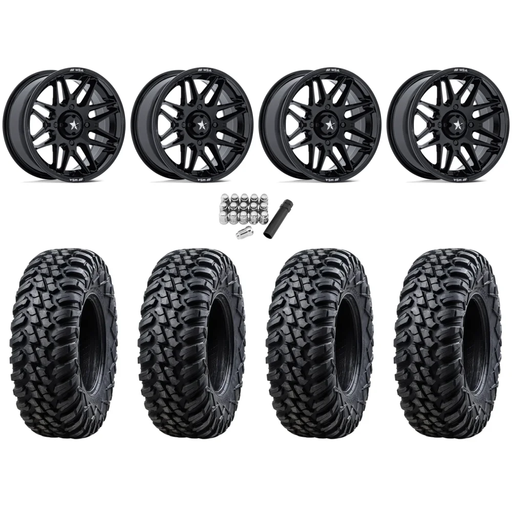 Tusk Terrabite 33x10-15 Radial Tires on MSA M52 Radar Gloss Black Wheels, complete kit