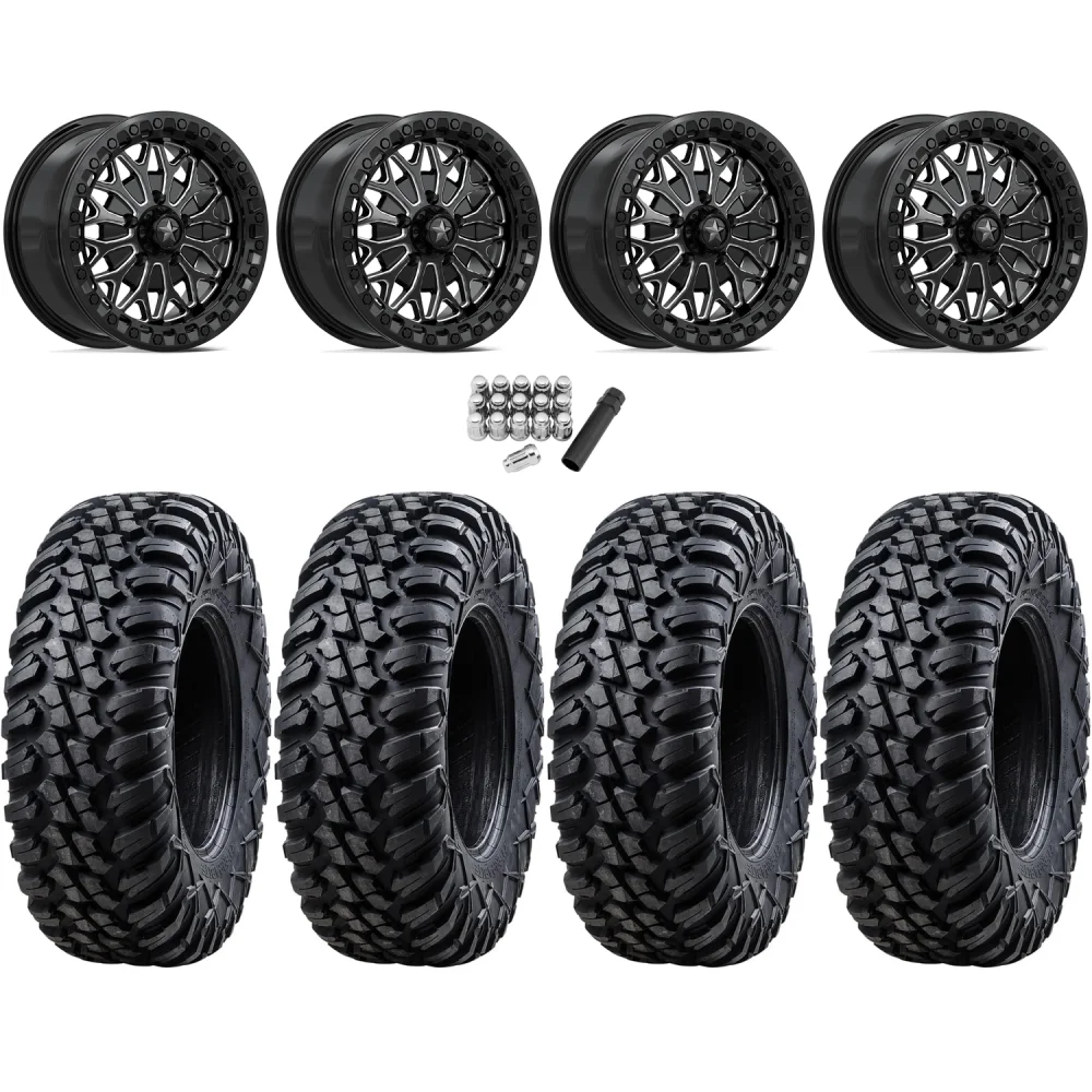 Tusk Terrabite 30x10-15 Radial Tires on MSA M53 Bolo Gloss Black Milled Beadlock Wheels, complete kit