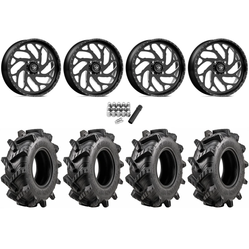 Wild Boar Razorback M/T 33x9.5-20 tires on American Force K09 UFO Black Forged wheels, complete kit