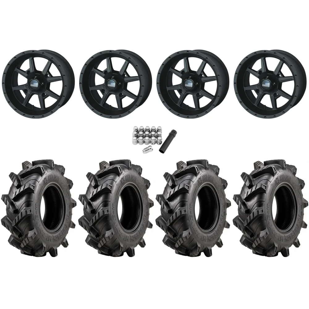 Wild Boar Razorback M/T 30x9.5-14 tires on Frontline 556 Stealth wheels, complete kit