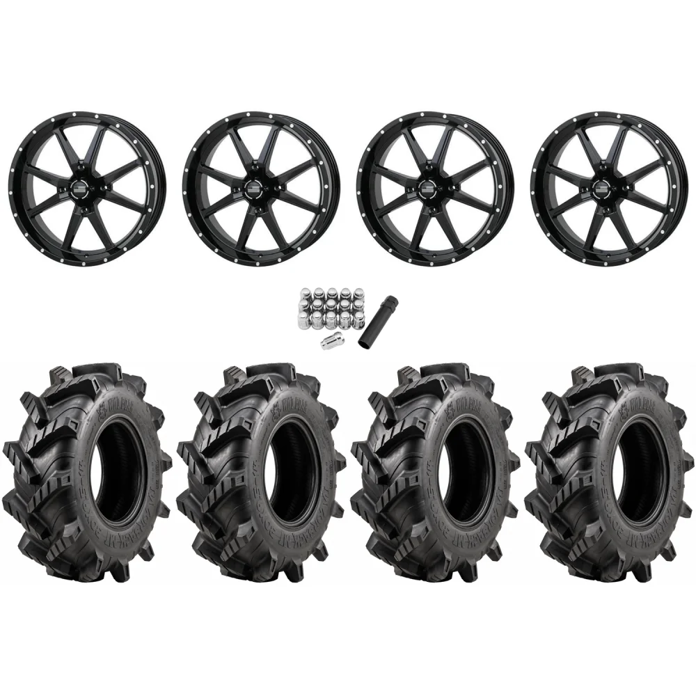 Wild Boar Razorback M/T 33x9.5-20 tires on Frontline 556 Gloss Black wheels, complete kit