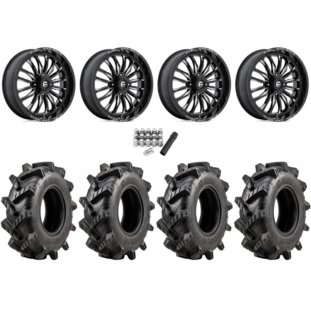 Wild Boar Razorback M/T 33x9.5-20 tires on Fuel Arc Gloss Black Milled wheels, complete kit