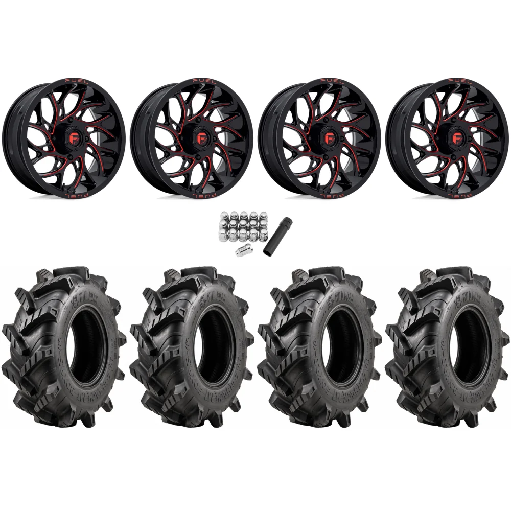 Wild Boar Razorback M/T 33x9.5-20 tires on Fuel Runner Candy Red wheels, complete kit