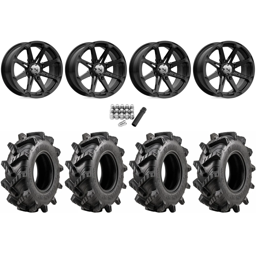 Wild Boar Razorback M/T 30x9.5-14 tires on MSA M12 Diesel Gloss Black wheels, complete kit