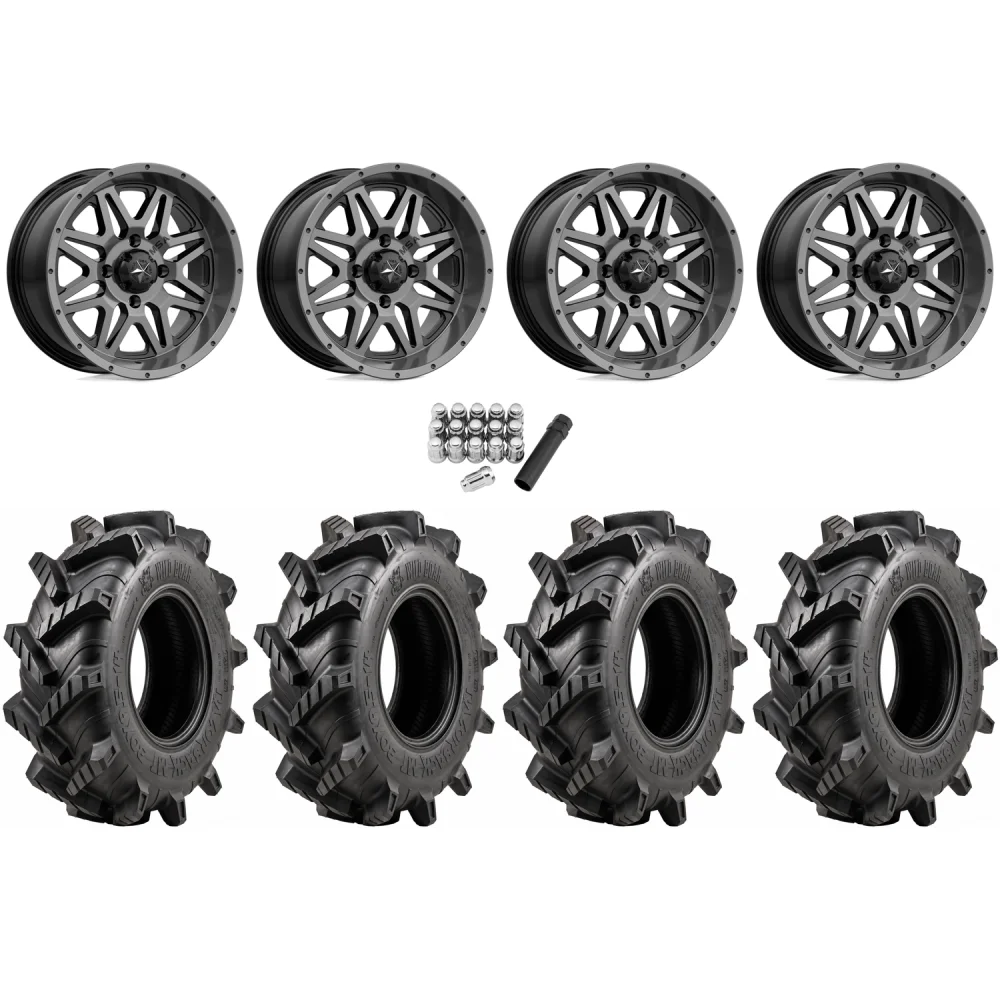 Wild Boar Razorback M/T 30x9.5-14 tires on MSA M26 Vibe Dark Tint wheels, complete kit