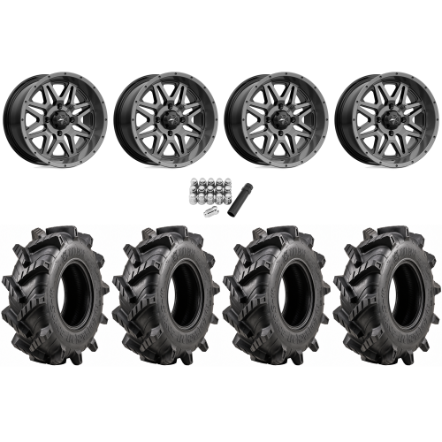 Wild Boar Razorback M/T 28x9.5-14 (6-Ply) Mud Tires on MSA M26 Vibe Dark Tint Wheels