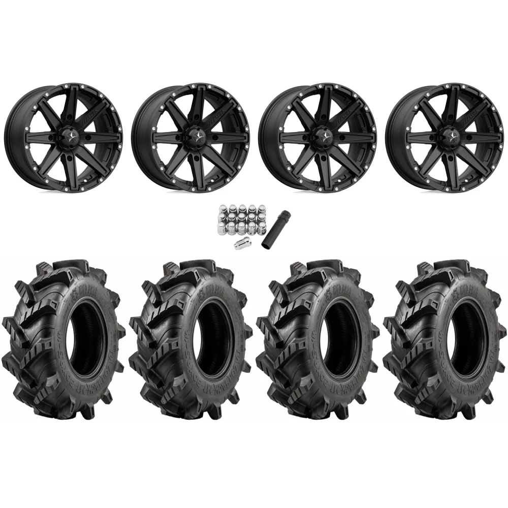 Wild Boar Razorback M/T 30x9.5-14 tires on MSA M33 Clutch Satin Black wheels, complete kit