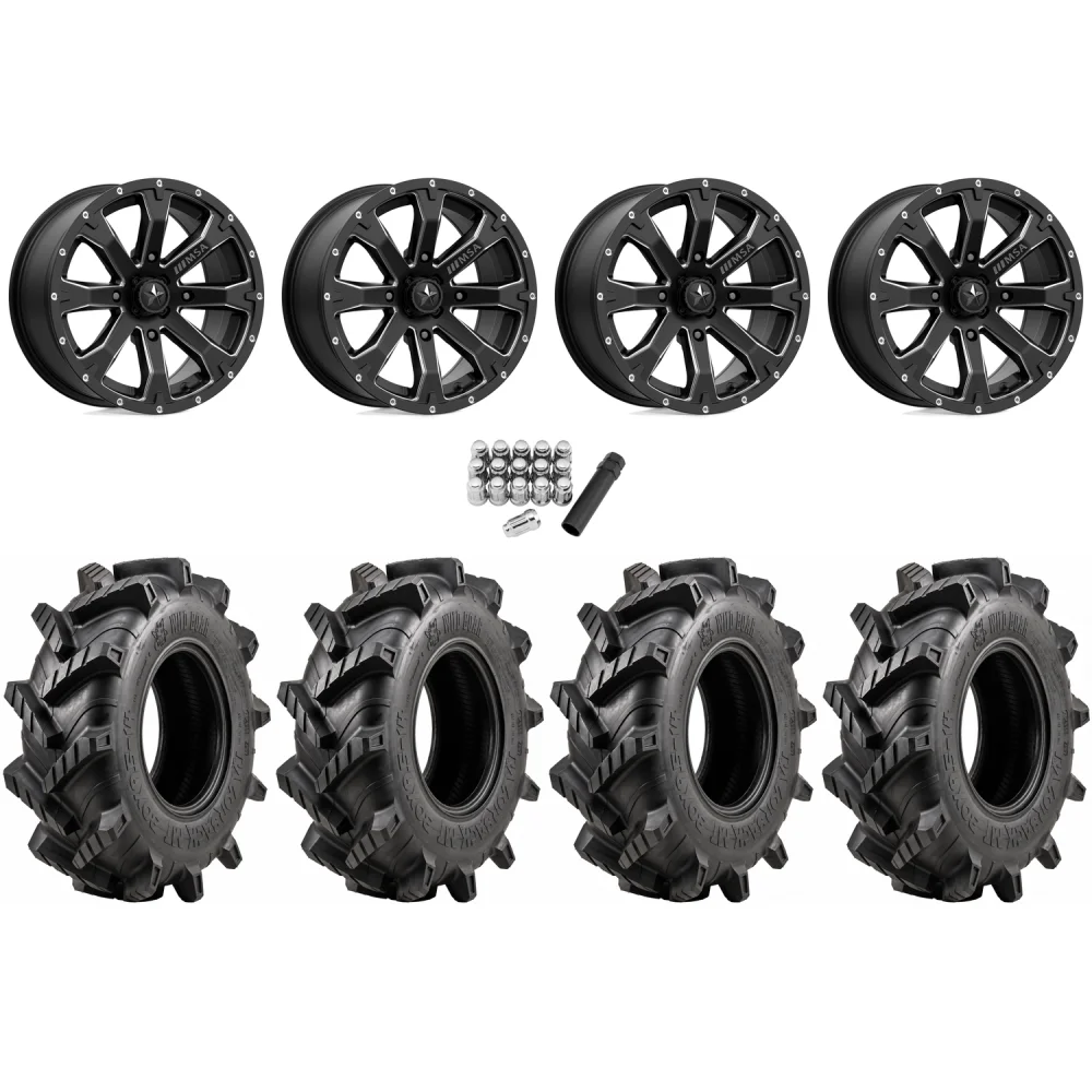 Wild Boar Razorback M/T 30x9.5-14 tires on MSA M42 Bounty Satin Black Milled wheels, complete kit