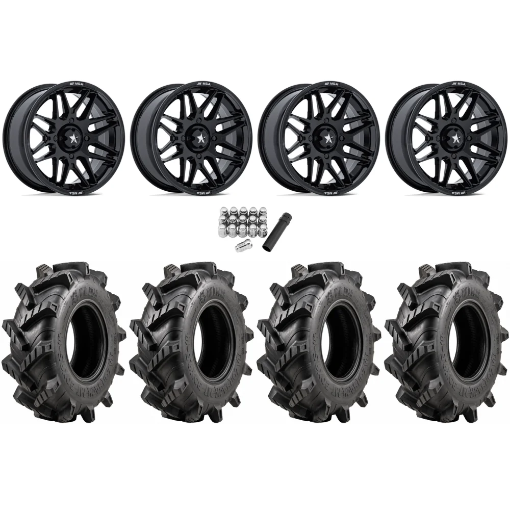Wild Boar Razorback M/T 30x9.5-14 tires on MSA M52 Radar Gloss Black wheels, complete kit