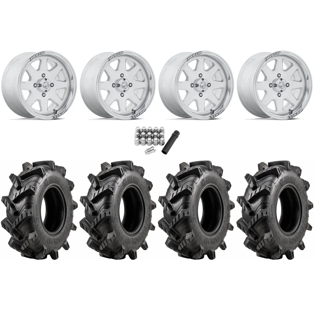 Wild Boar Razorback M/T 30x9.5-14 tires on MSA M54 Spark Polished wheels, complete kit