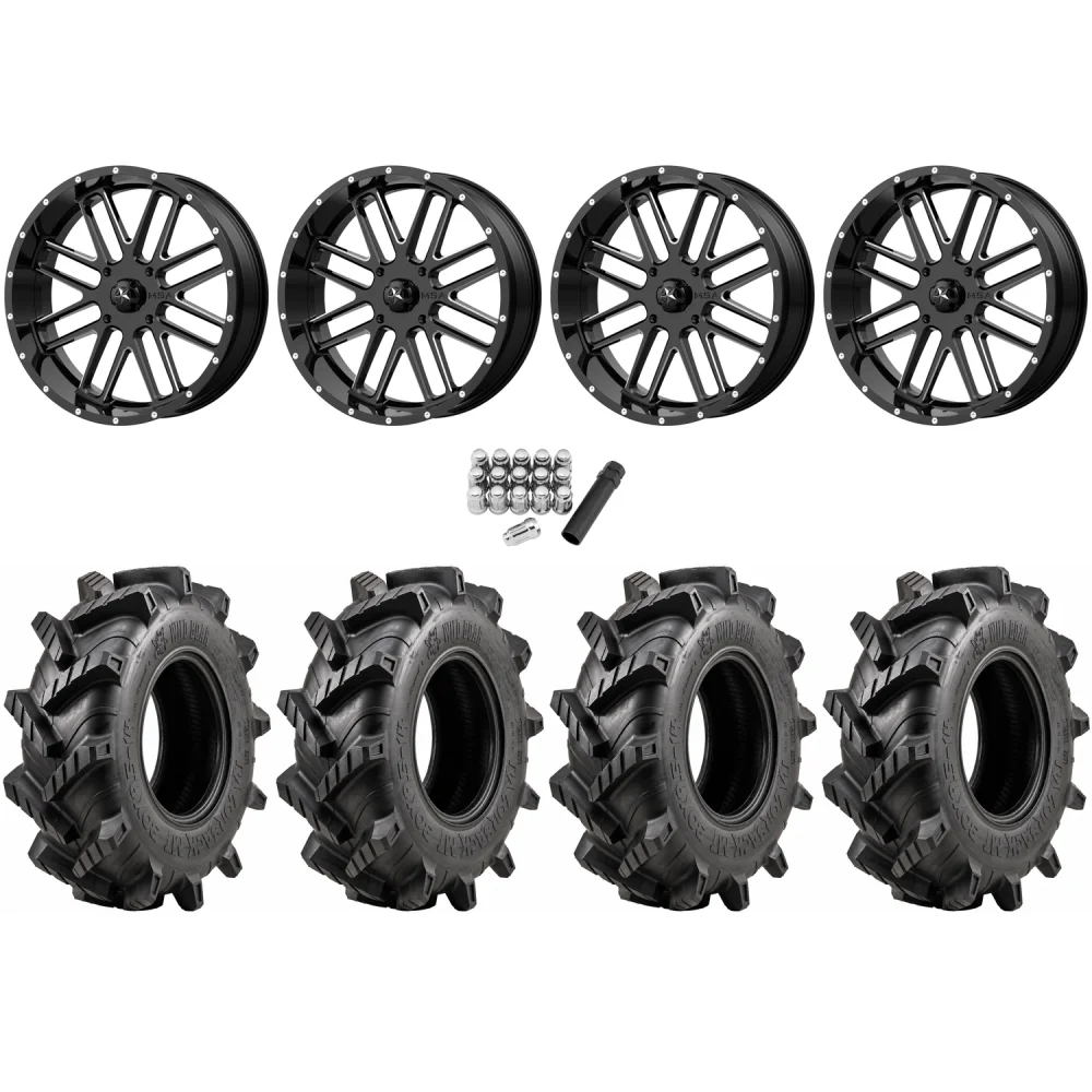 Wild Boar Razorback M/T 33x9.5-20 tires on MSA M35 Bandit Gloss Black Milled wheels, complete kit