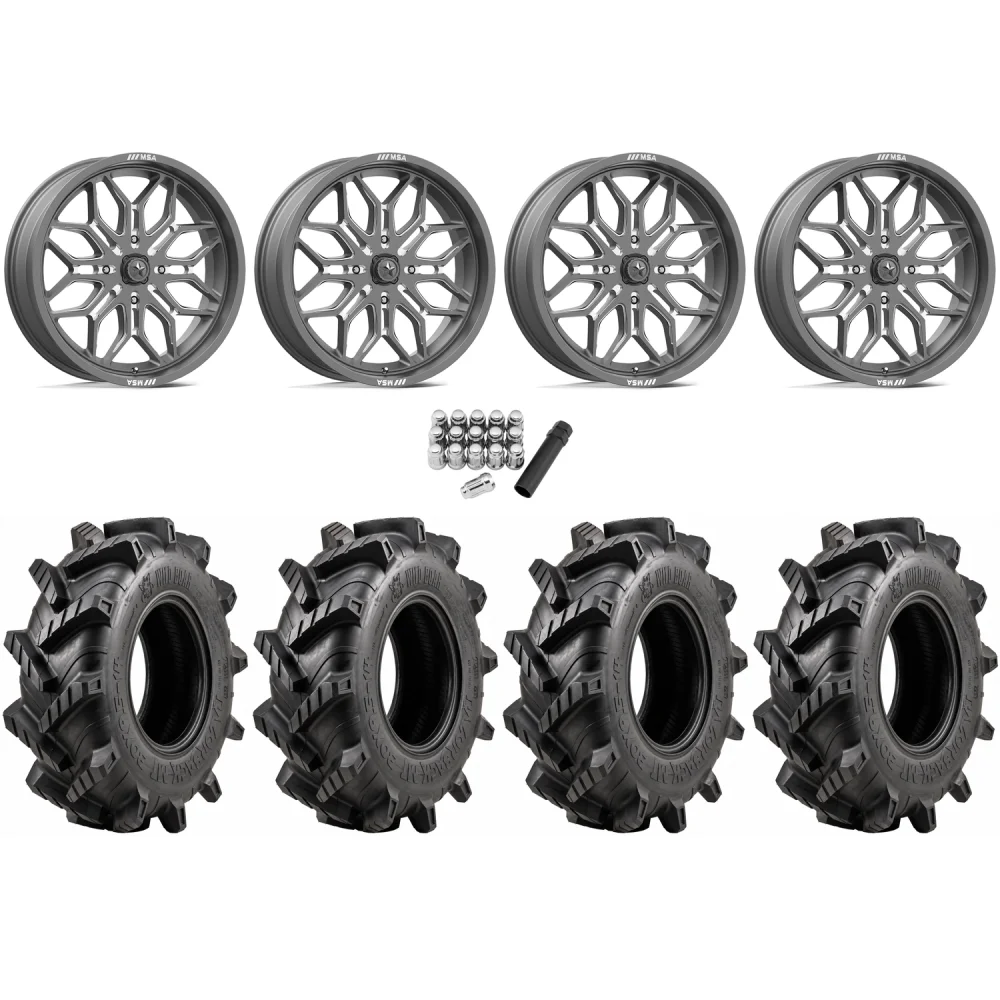 Wild Boar Razorback M/T 33x9.5-20 tires on MSA M47 Sniper Gunmetal Milled wheels, complete kit