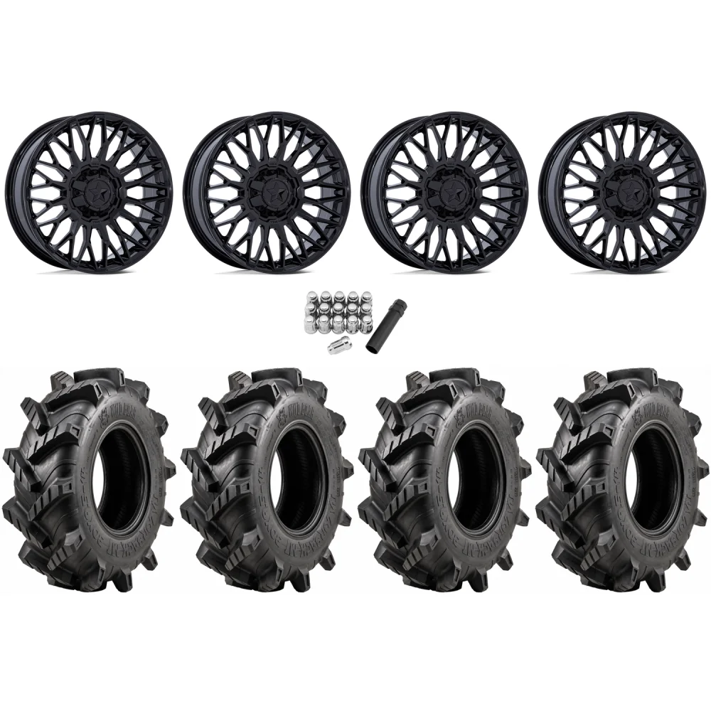 Wild Boar Razorback M/T 33x9.5-20 tires on MSA M50 Clubber Gloss Black wheels, complete kit